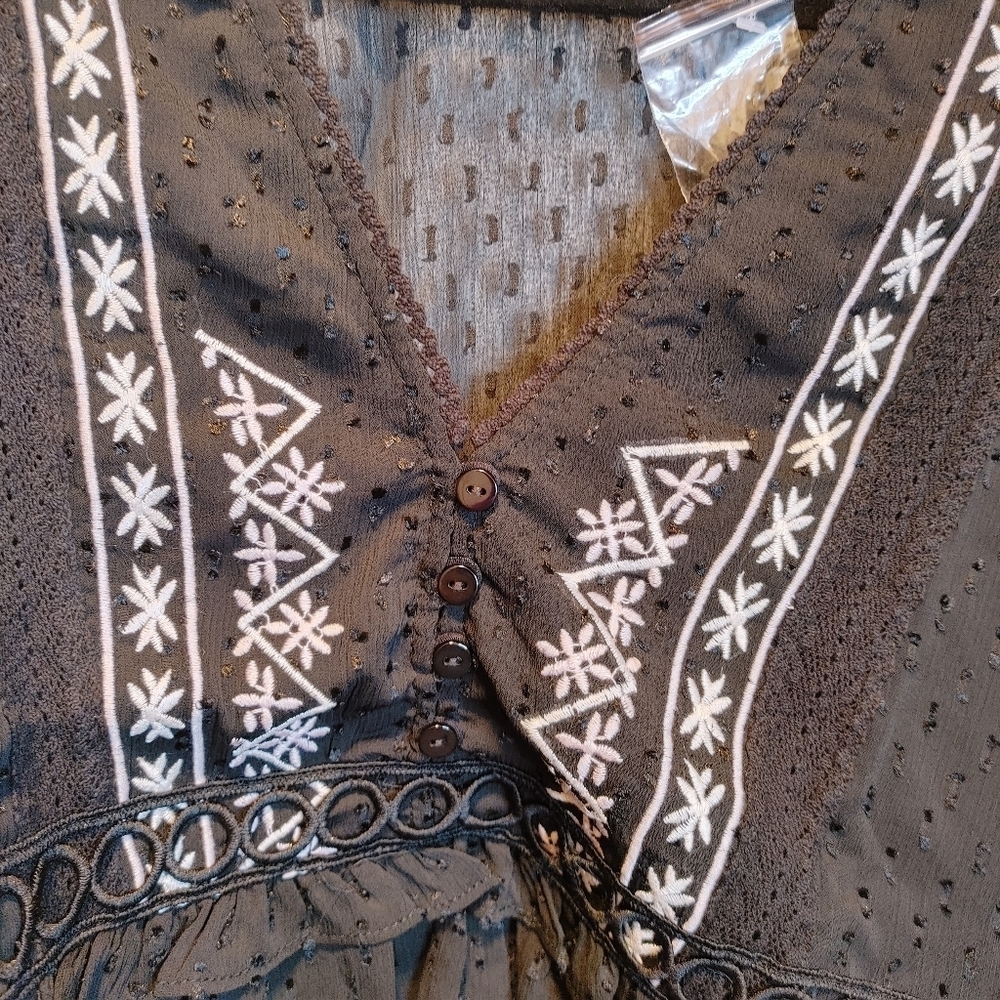 Boho Embroidered Peplum Blouse NWT Sheer Swiss Dot Black Top - Picture 11 of 11